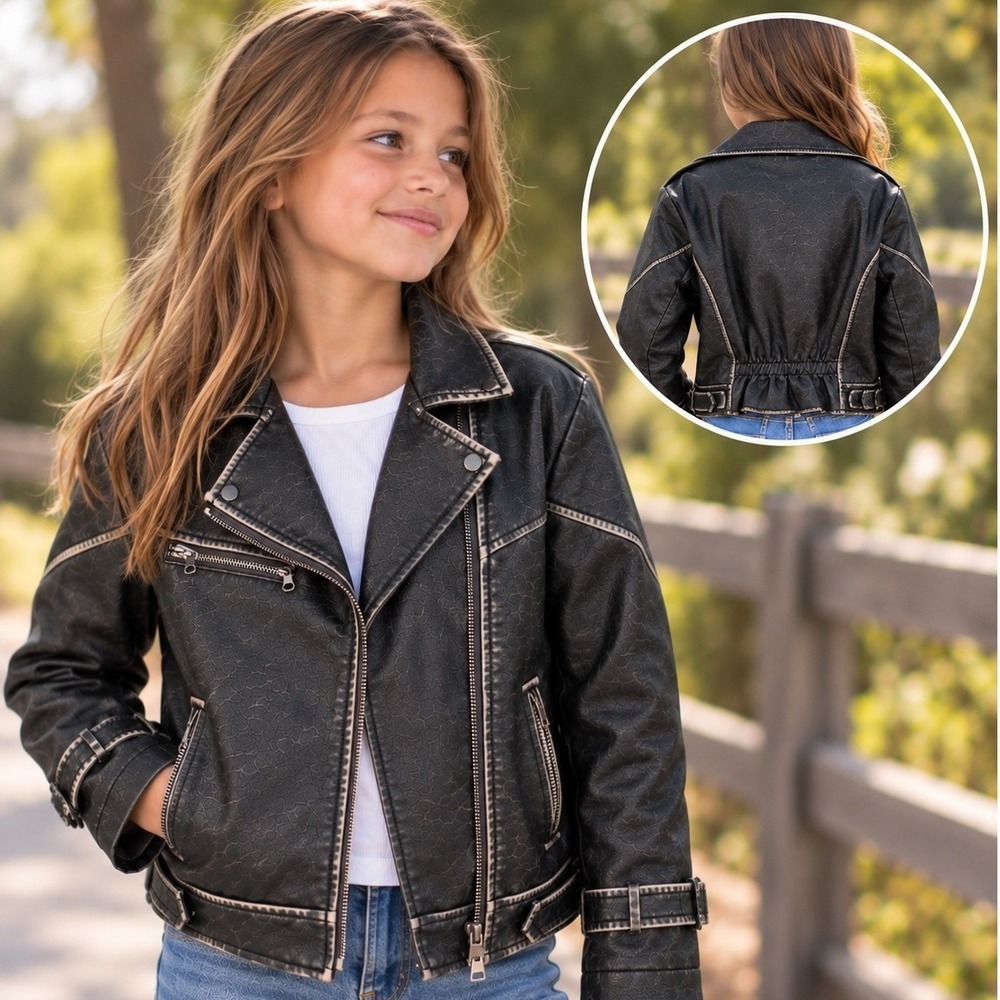 Zara Girls Size 10 Black Faux Leather Moto Biker Jacket Distressed Zip Up Coat